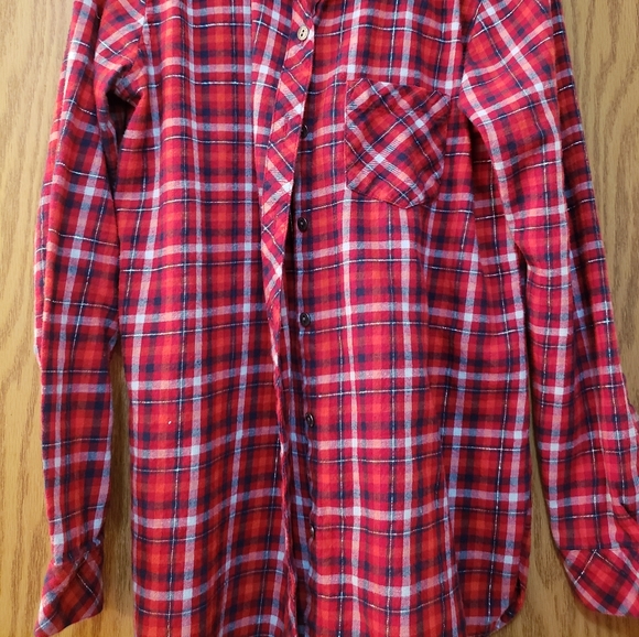 Cute red plaid flannel shirt with silver metallic threads throughout. Like new - Picture 2 of 8